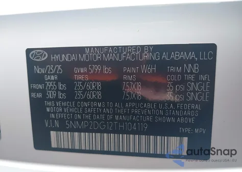 2026 Hyundai Santa Fe Hybrid Sel z USA, uszkodzony, nr VIN 5NMP2DG12TH104119